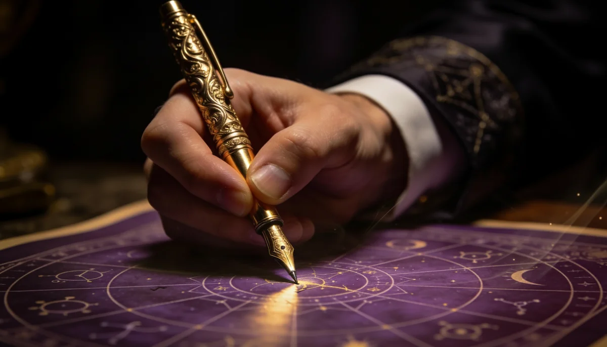 The founder's hand writing on an astrology chart with a gold fountain pen